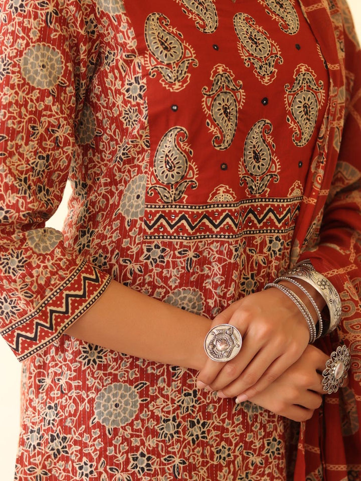 Printed Cotton Kurta With Pants &amp; Dupatta