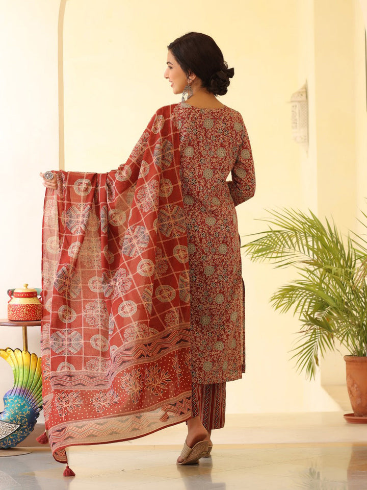 Printed Cotton Kurta With Pants &amp; Dupatta
