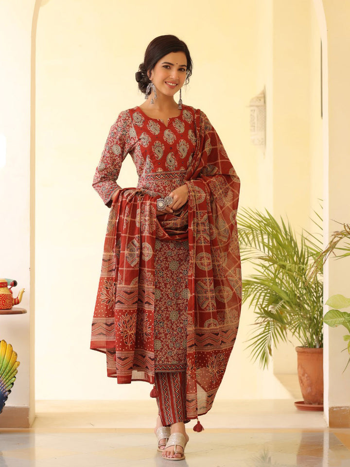 Printed Cotton Kurta With Pants &amp; Dupatta