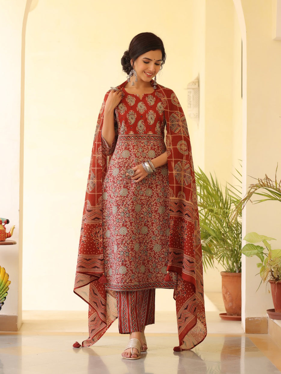 Printed Cotton Kurta With Pants &amp; Dupatta