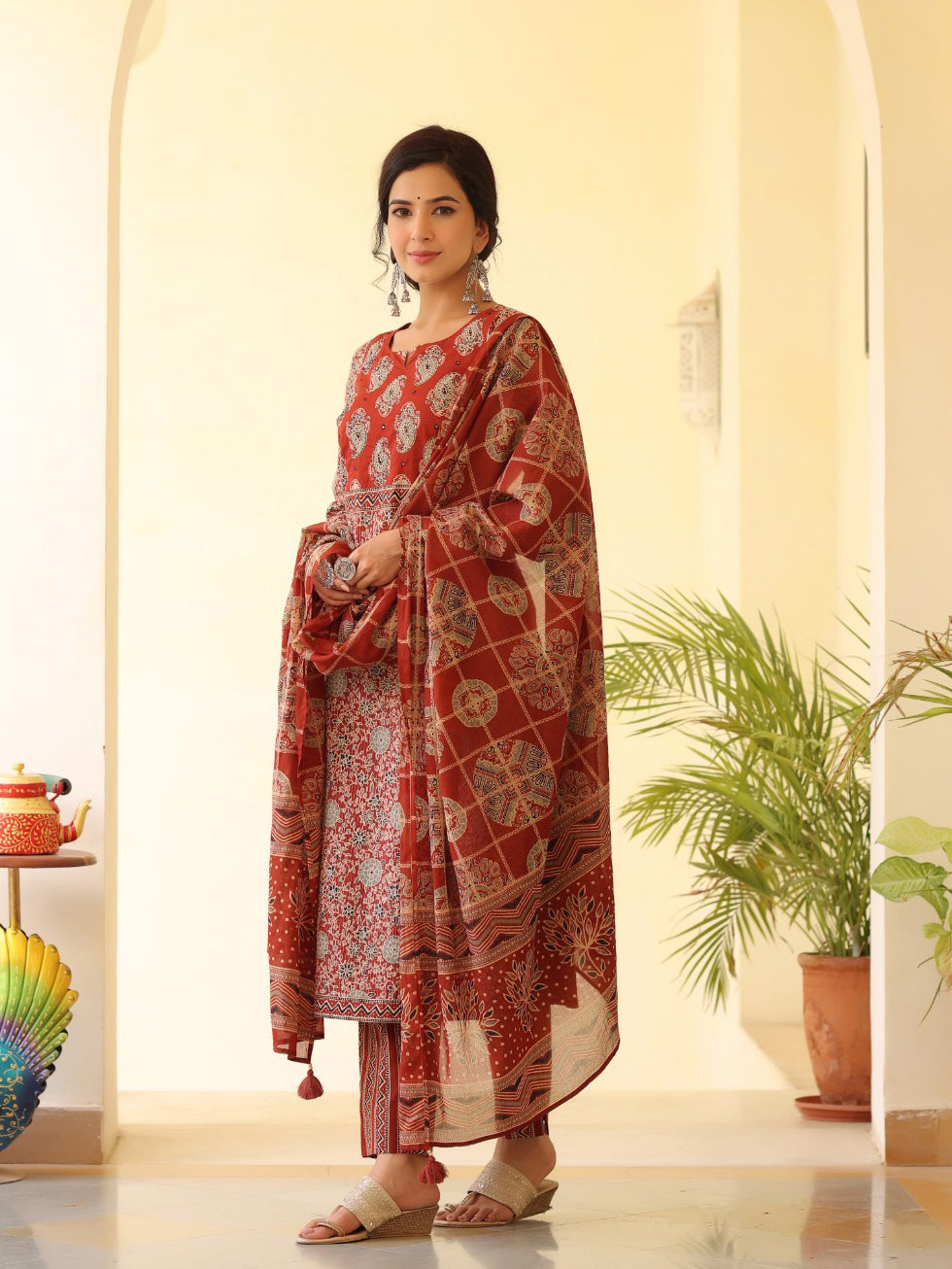 Printed Cotton Kurta With Pants &amp; Dupatta