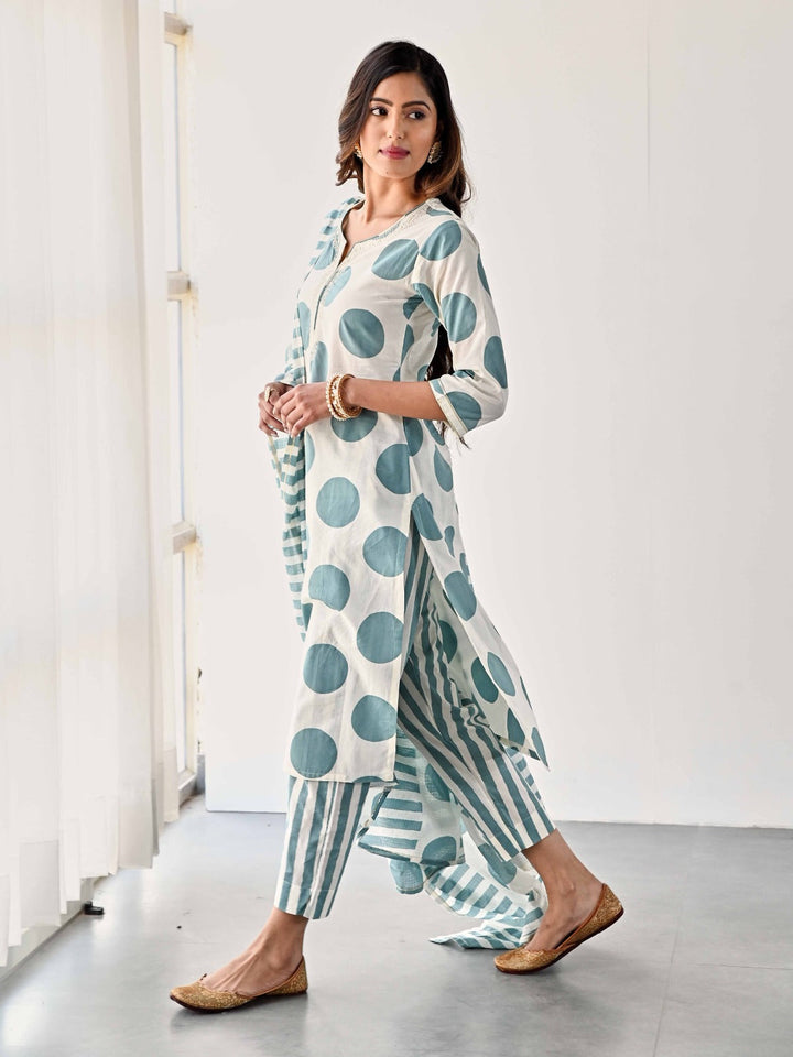 Printed Cotton Kurta With Pants &amp; Dupatta