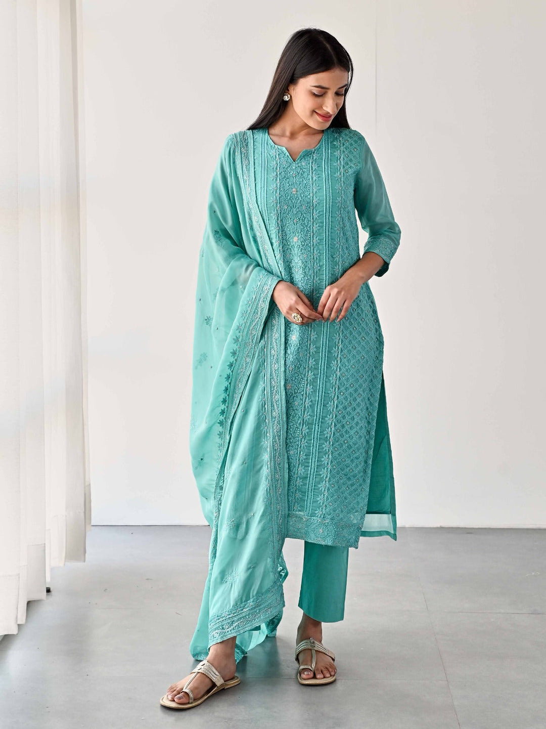 Embroidered Organza Kurta With Pants &amp; Dupatta