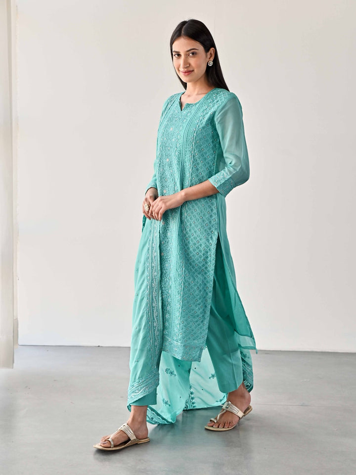 Embroidered Organza Kurta With Pants &amp; Dupatta