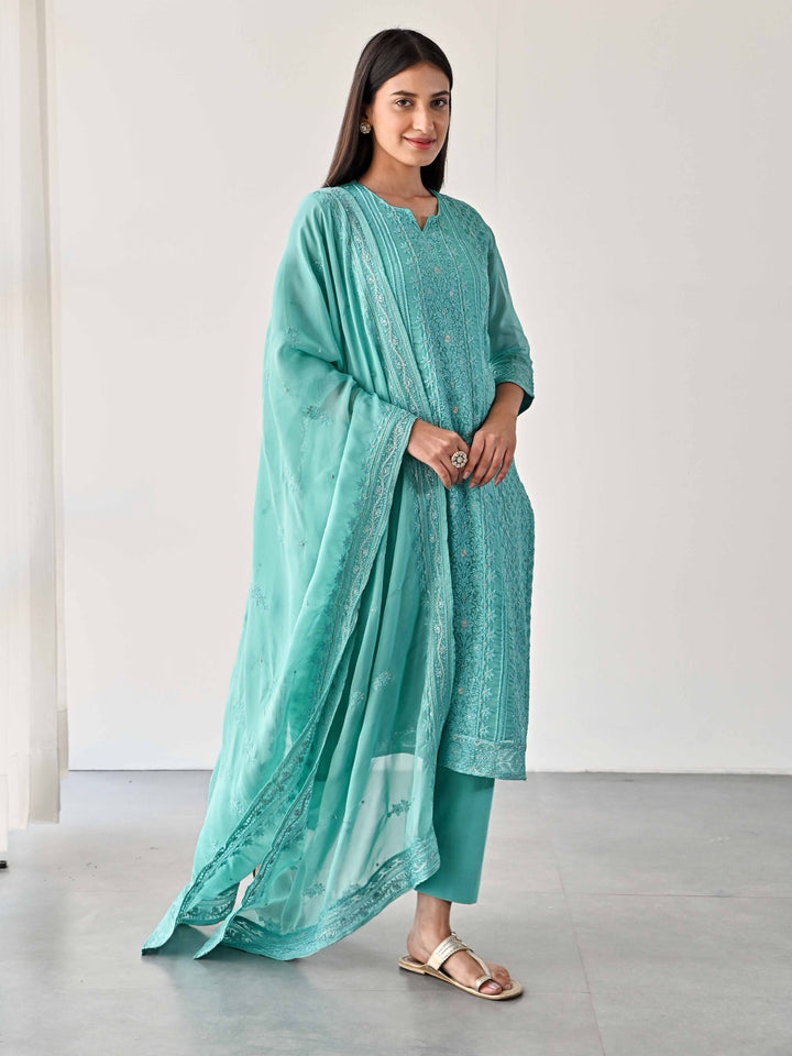 Embroidered Organza Kurta With Pants &amp; Dupatta