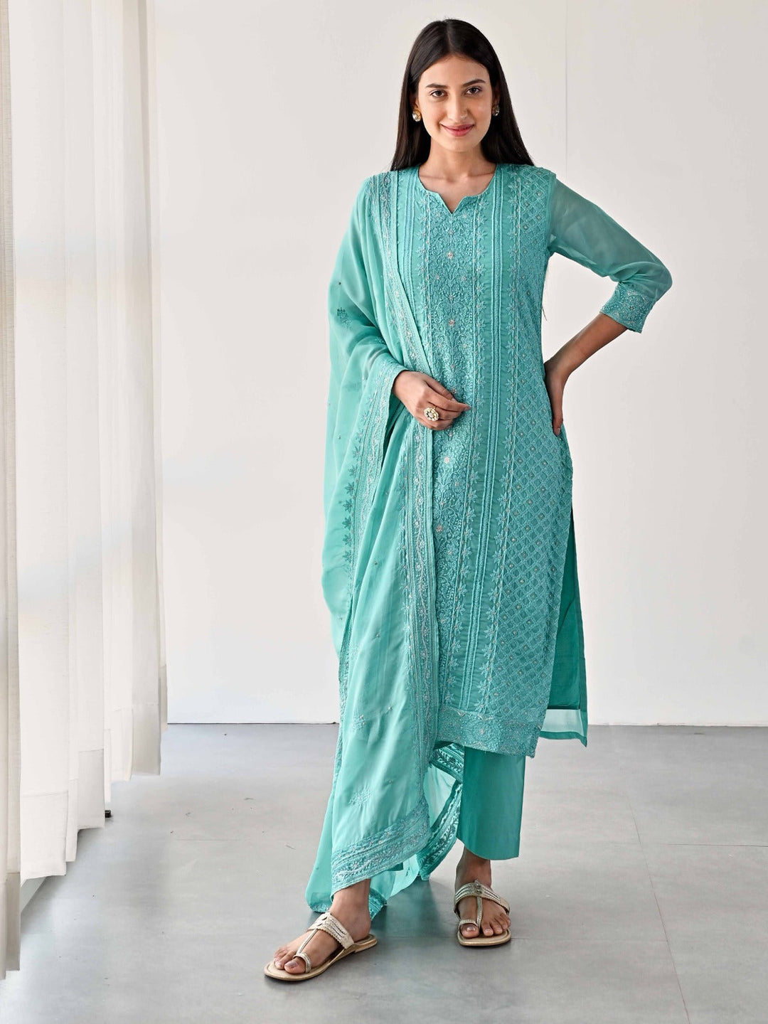 Embroidered Organza Kurta With Pants &amp; Dupatta