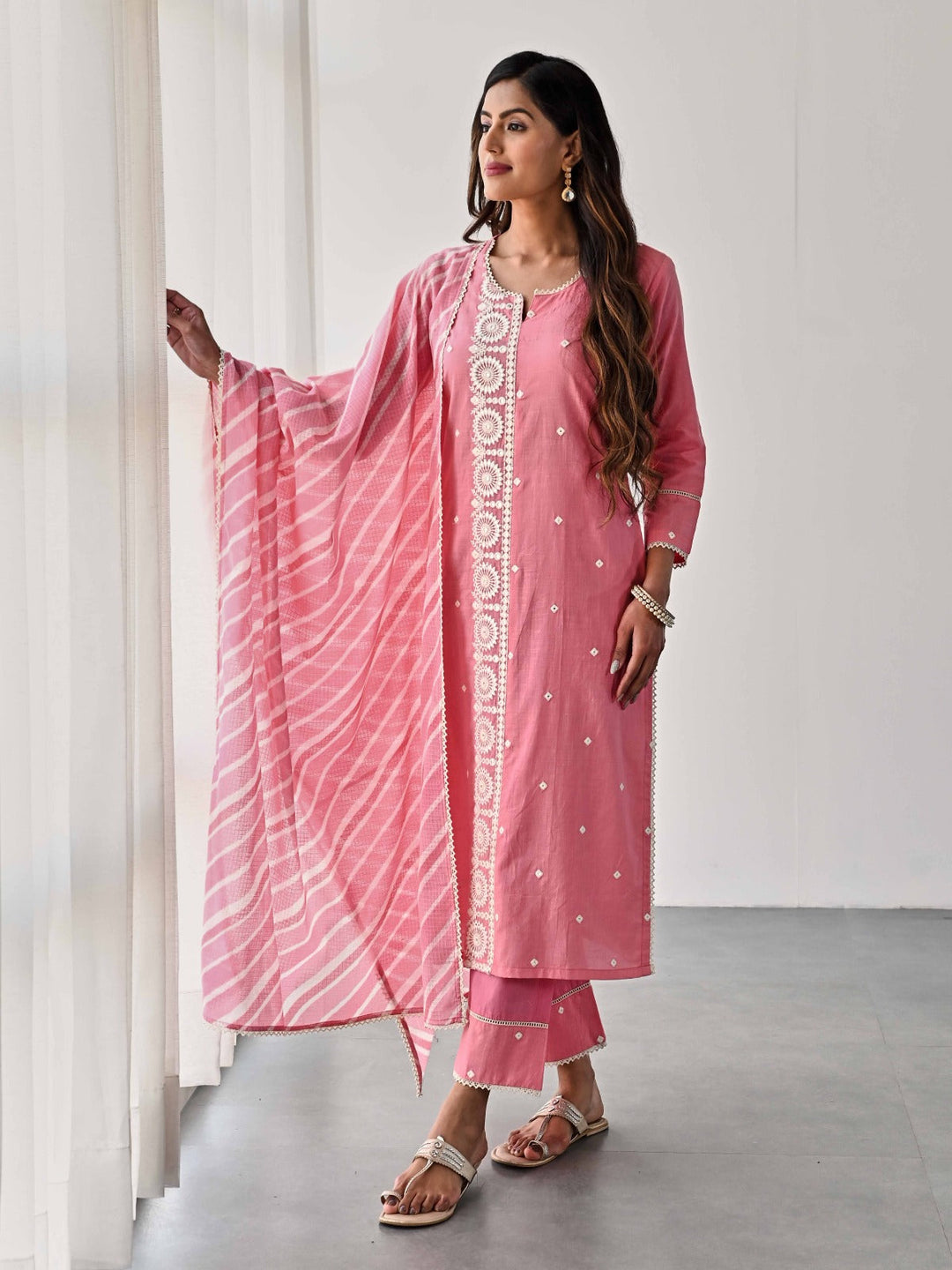 Embroidered Cotton Kurta With Pants &amp; Dupatta