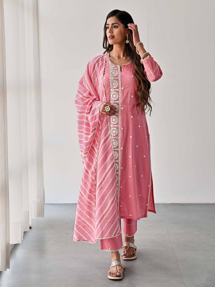 Embroidered Cotton Kurta With Pants &amp; Dupatta