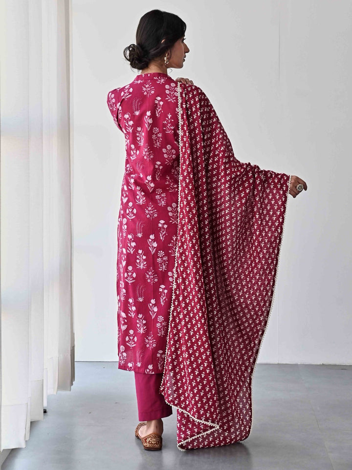 Printed &amp; Neck Embroidered Cotton Kurta With Pants &amp; Dupatta