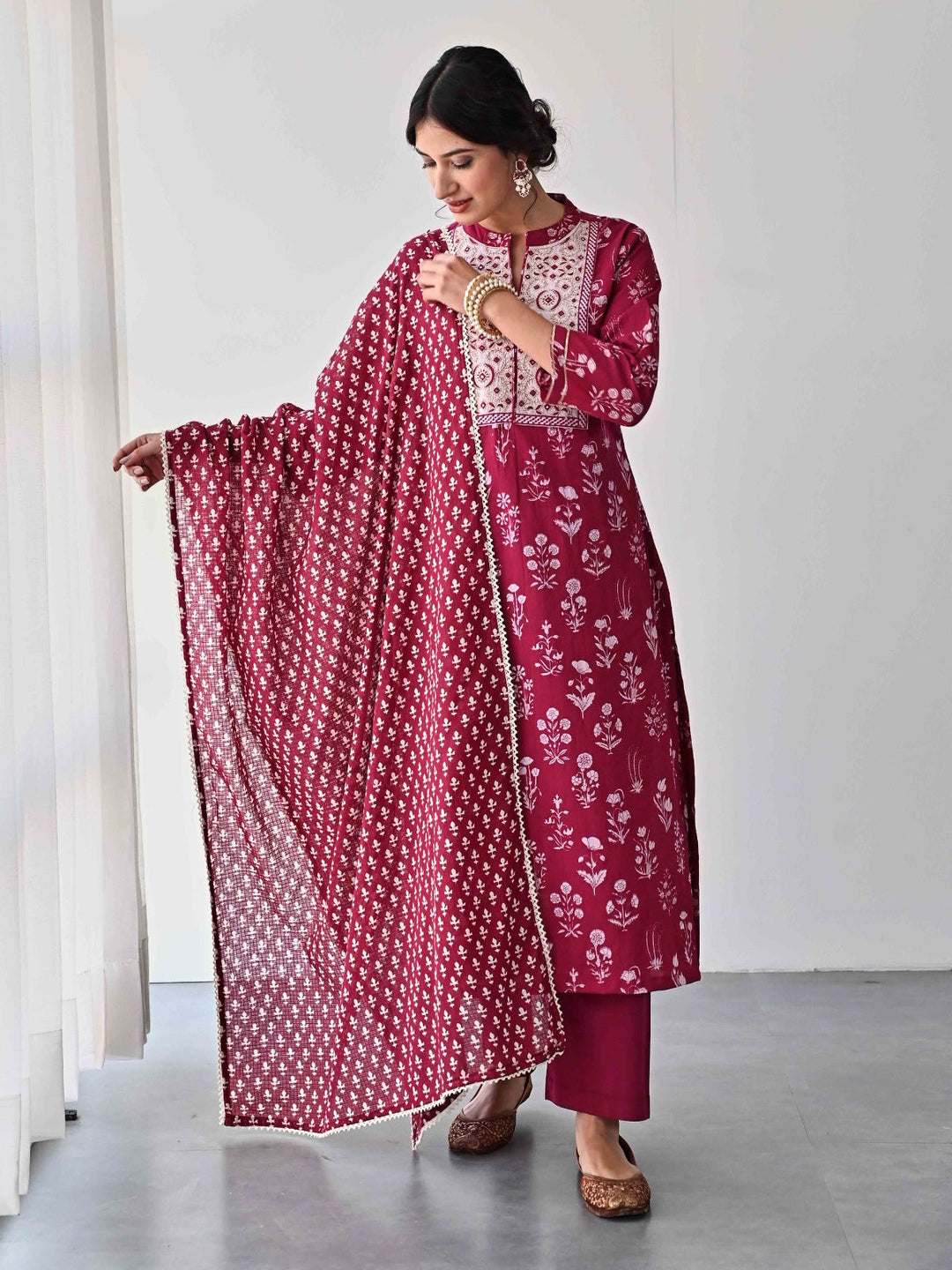 Printed &amp; Neck Embroidered Cotton Kurta With Pants &amp; Dupatta
