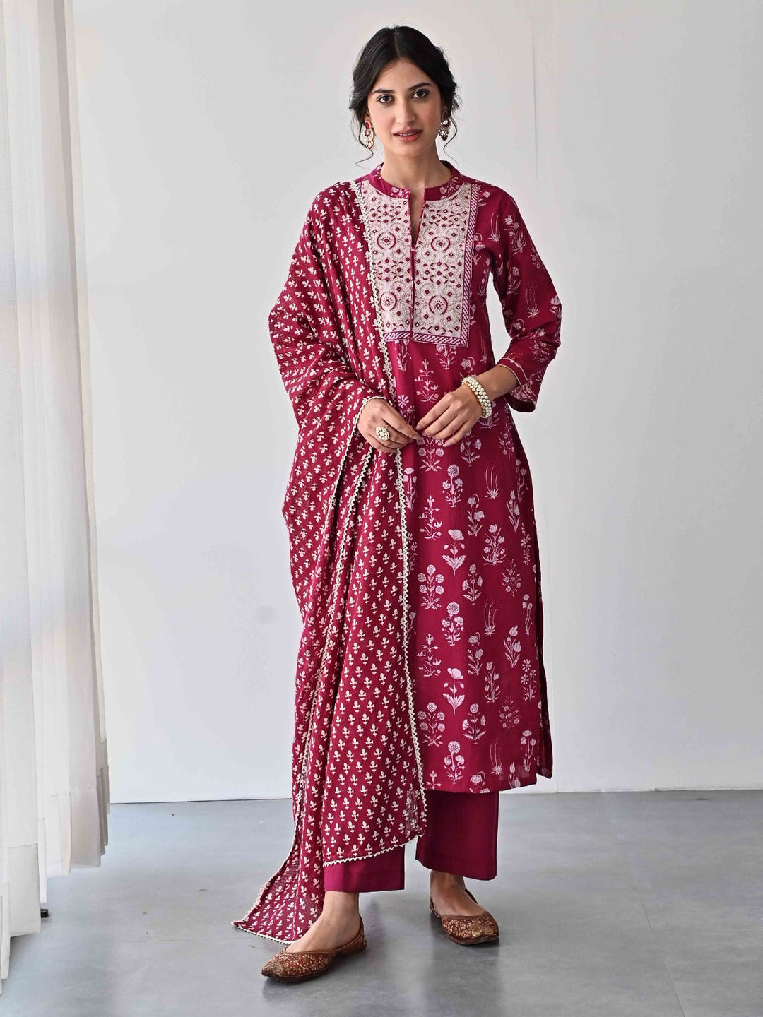 Printed &amp; Neck Embroidered Cotton Kurta With Pants &amp; Dupatta