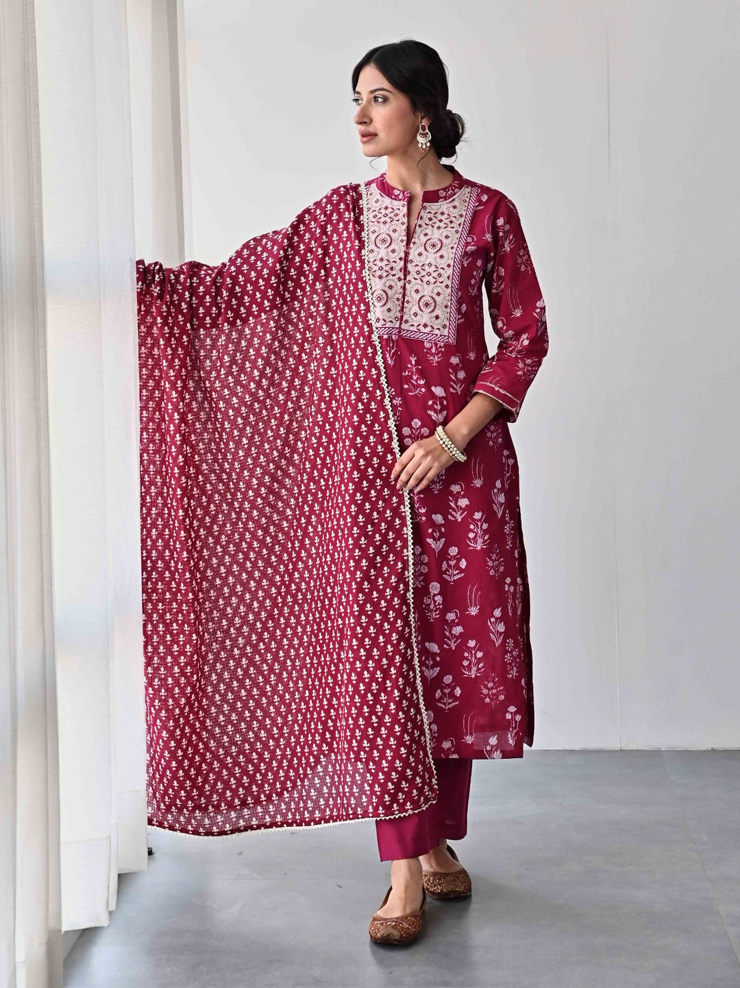 Printed &amp; Neck Embroidered Cotton Kurta With Pants &amp; Dupatta