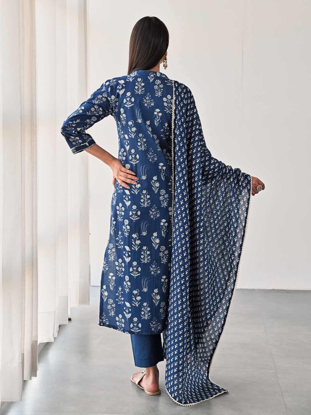 Printed &amp; Neck Embroidered Cotton Kurta With Pants &amp; Dupatta