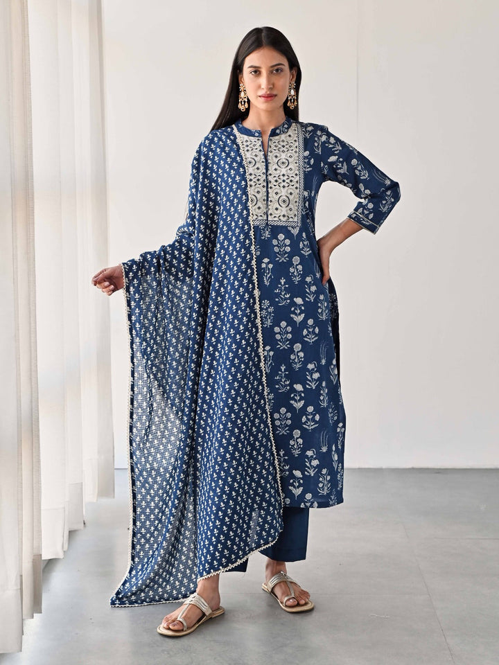 Printed &amp; Neck Embroidered Cotton Kurta With Pants &amp; Dupatta