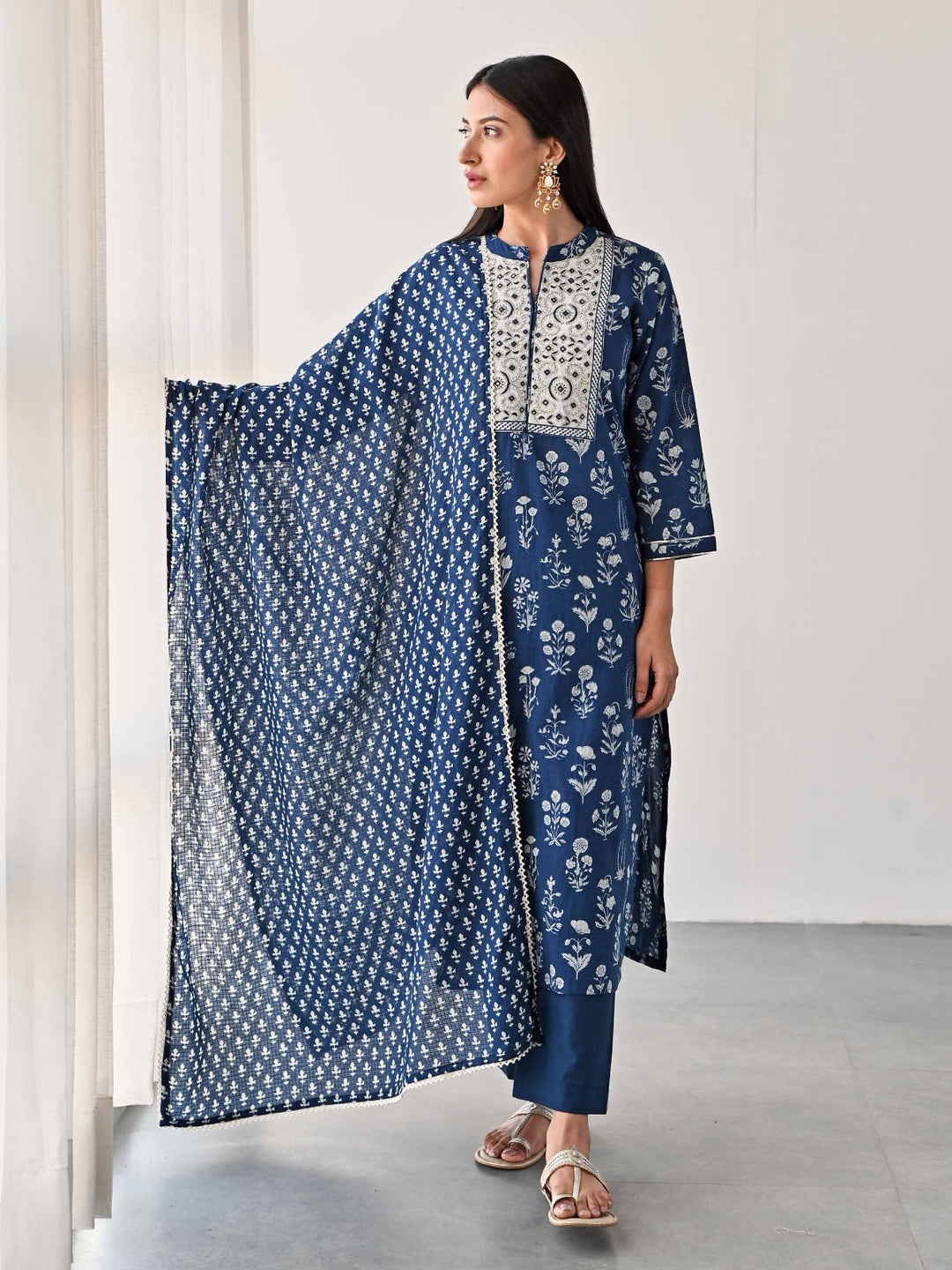 Printed &amp; Neck Embroidered Cotton Kurta With Pants &amp; Dupatta