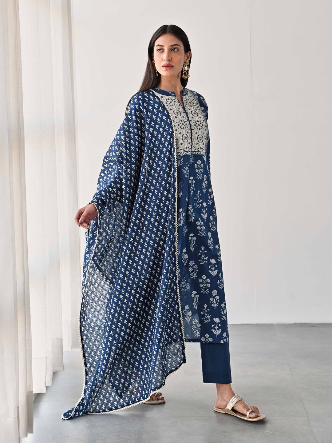 Printed &amp; Neck Embroidered Cotton Kurta With Pants &amp; Dupatta