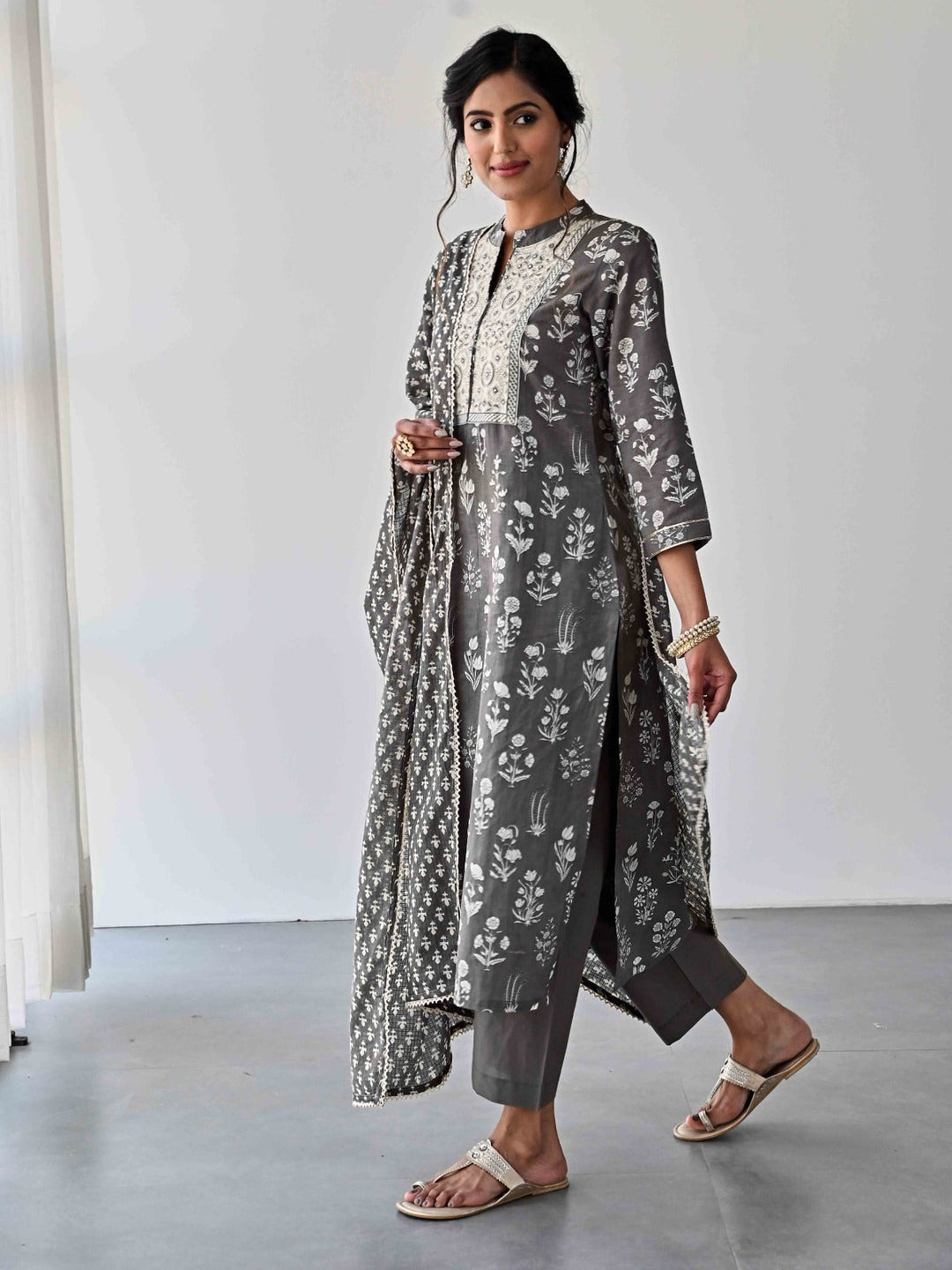 Printed &amp; Neck Embroidered Cotton Kurta With Pants &amp; Dupatta