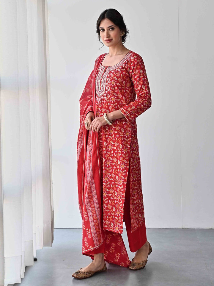 Printed &amp; Neck Embroidered Cotton Kurta With Pants &amp; Dupatta