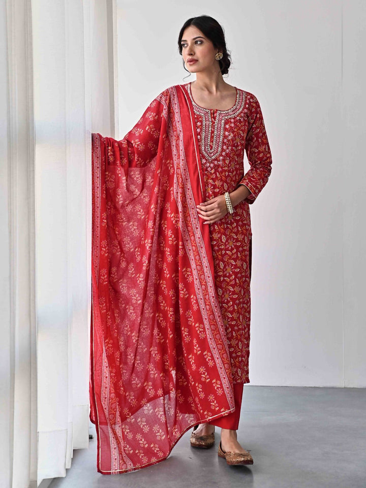 Printed &amp; Neck Embroidered Cotton Kurta With Pants &amp; Dupatta