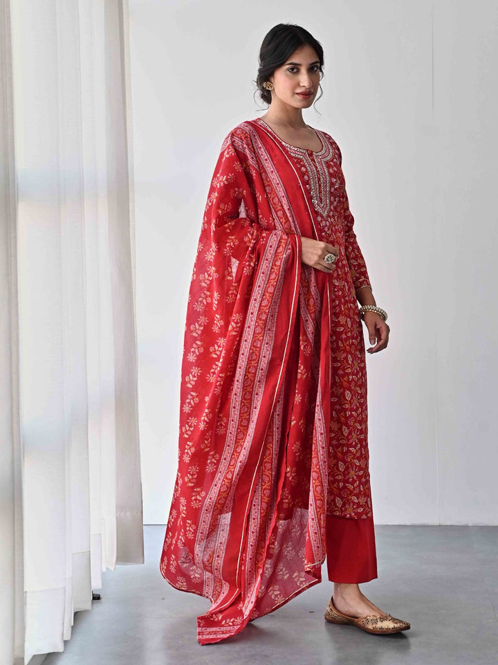 Printed &amp; Neck Embroidered Cotton Kurta With Pants &amp; Dupatta