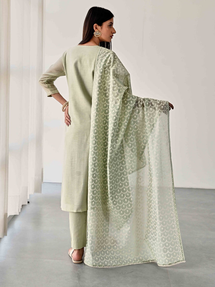 Embroidered Chanderi Kurta With Pants &amp; Dupatta
