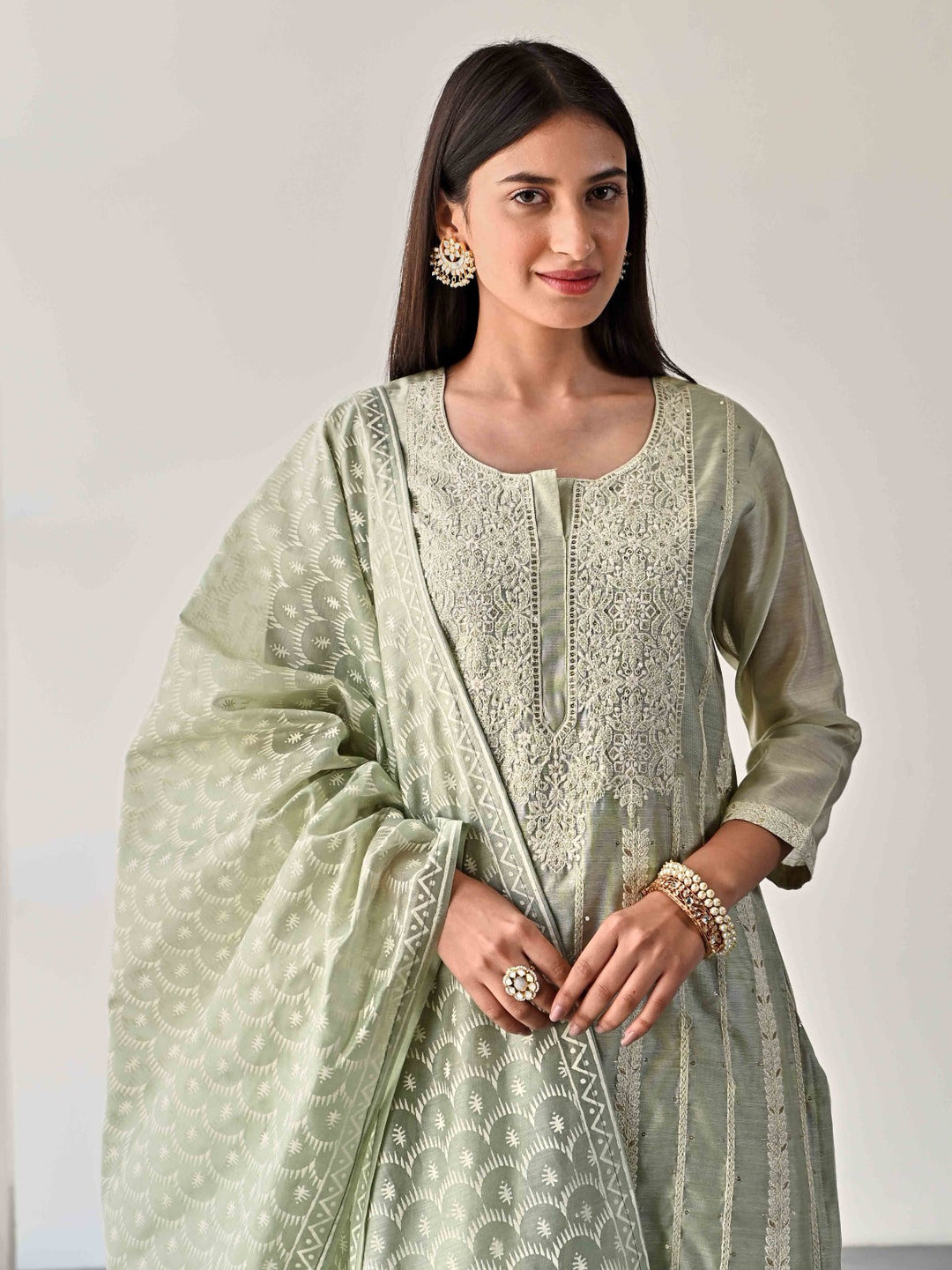Embroidered Chanderi Kurta With Pants &amp; Dupatta