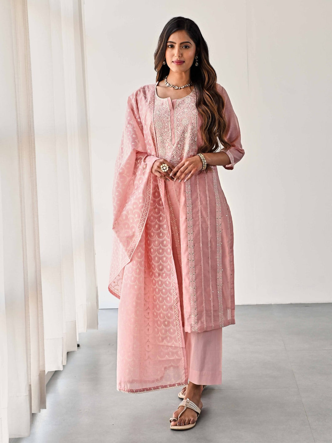 Embroidered Chanderi Kurta With Pants &amp; Dupatta