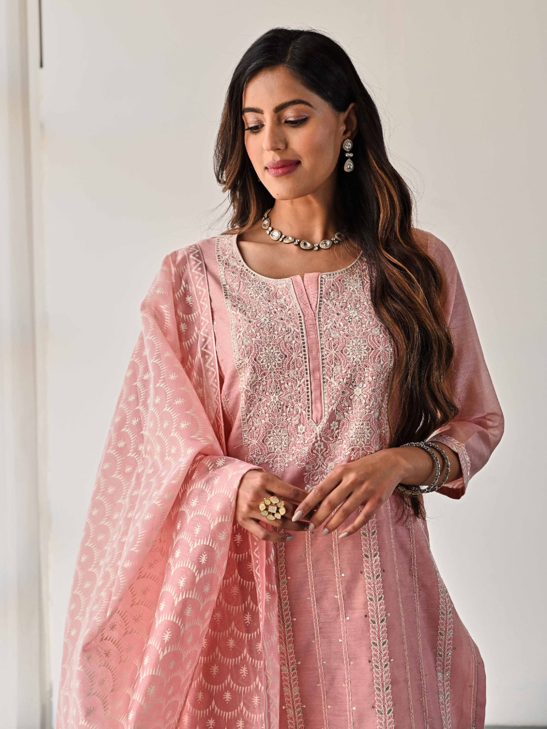 Embroidered Chanderi Kurta With Pants &amp; Dupatta