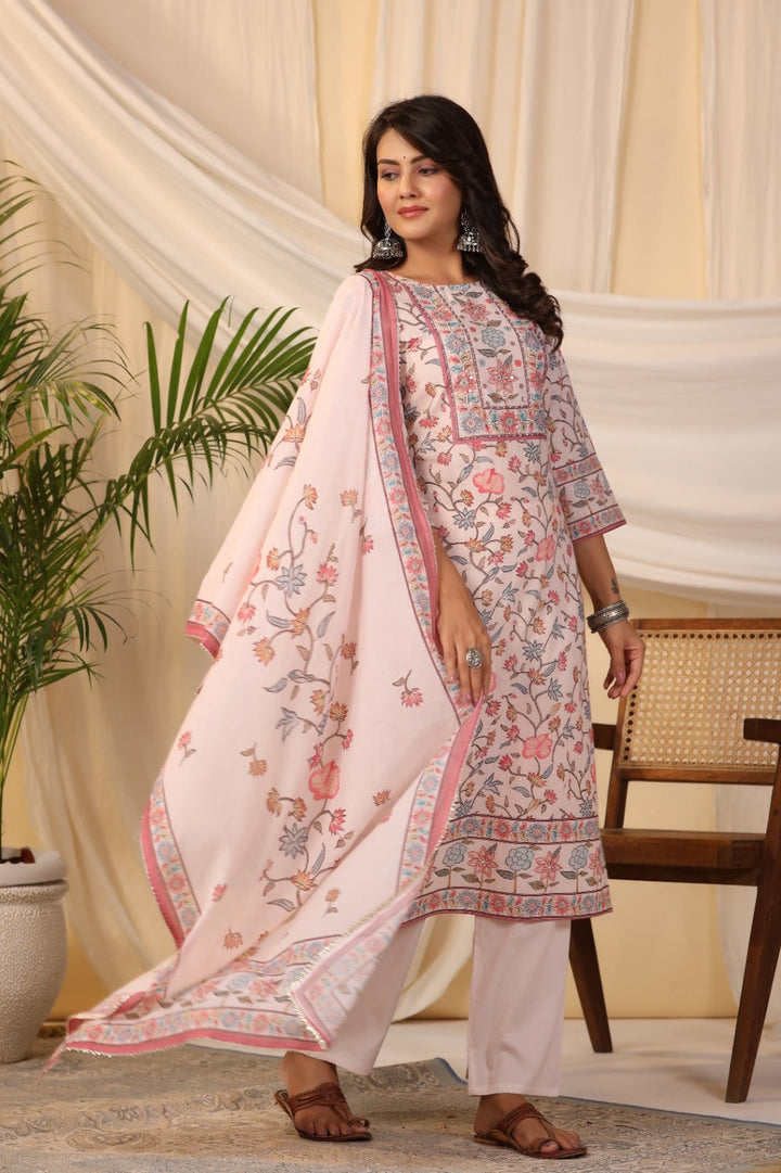 Floral Printed Cotton Kurta With Pants &amp; Dupatta
