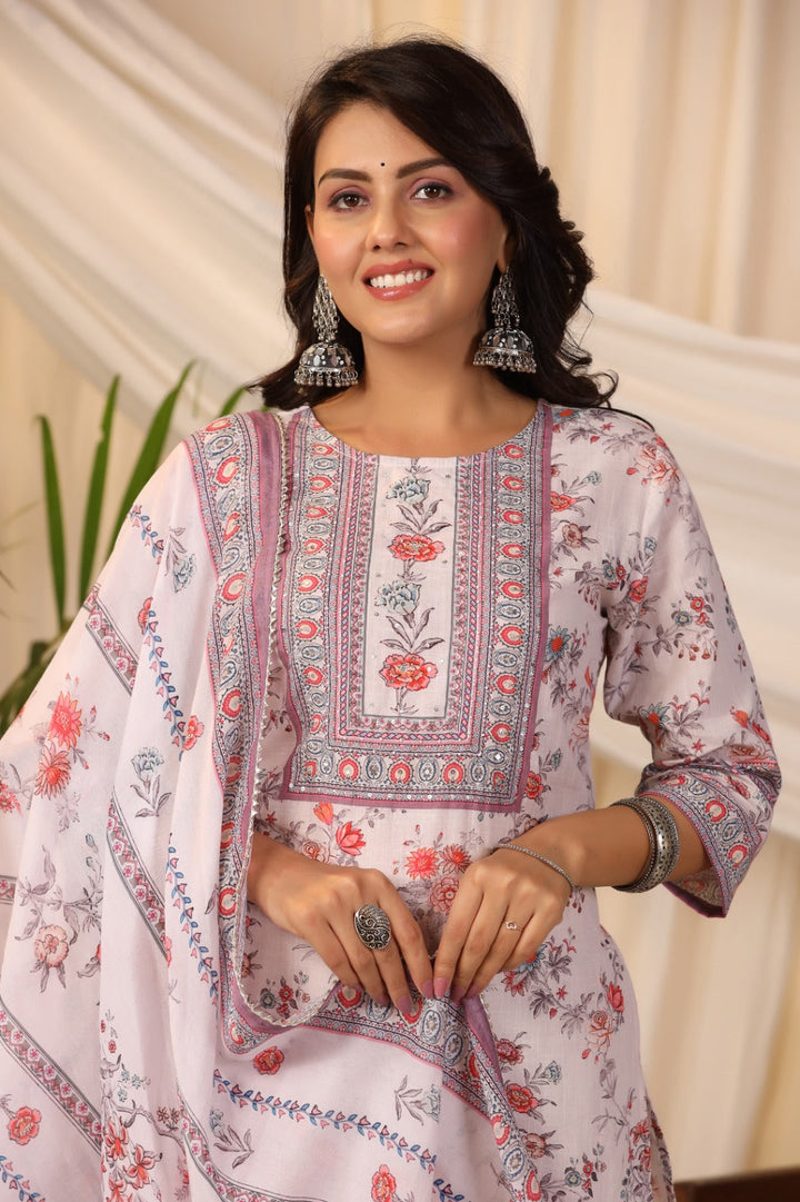Floral Printed Cotton Kurta With Pants &amp; Dupatta