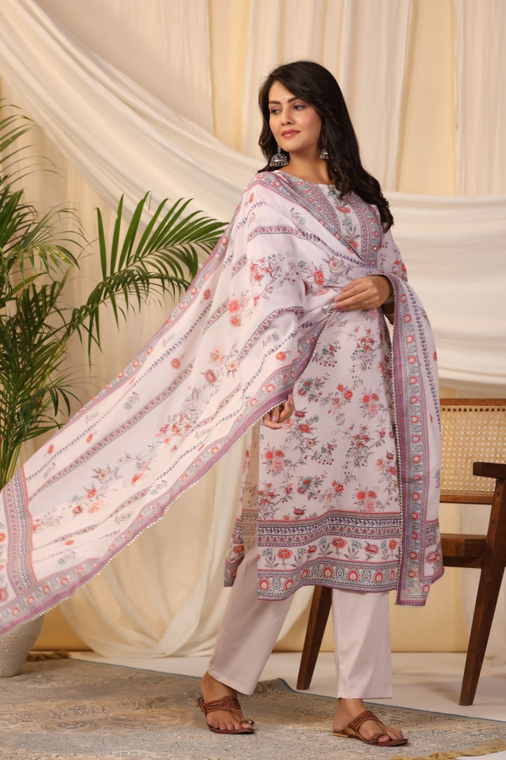 Floral Printed Cotton Kurta With Pants &amp; Dupatta