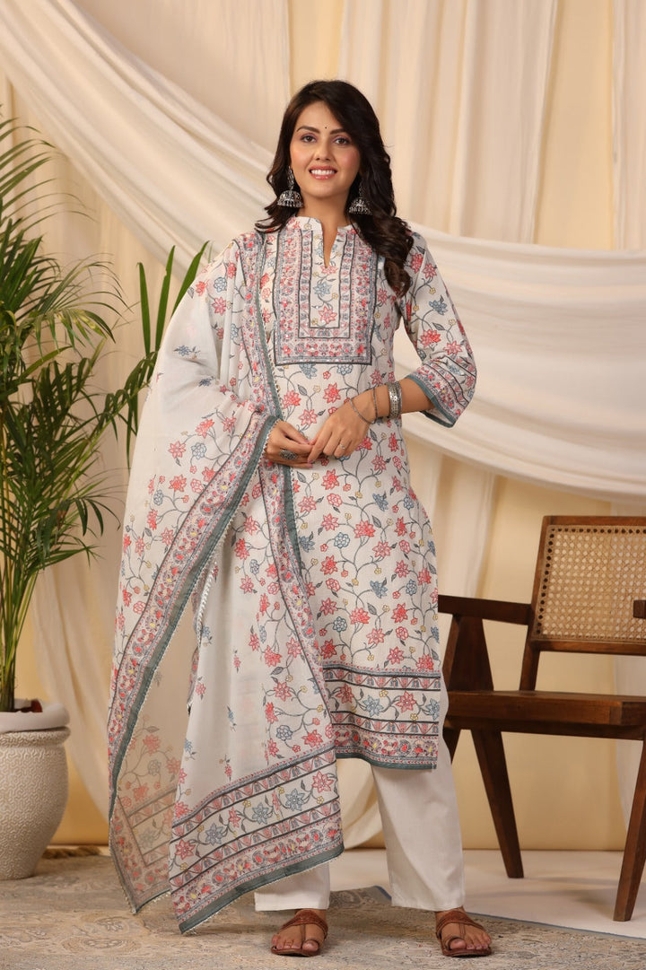 Floral Printed Cotton Kurta With Pants &amp; Dupatta