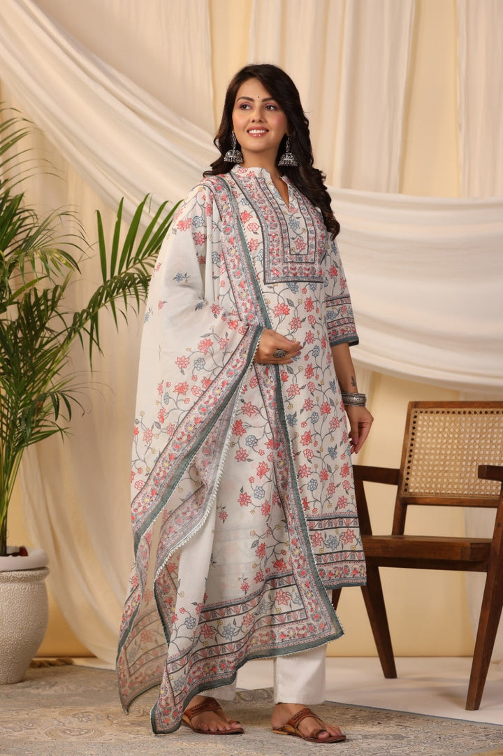 Floral Printed Cotton Kurta With Pants &amp; Dupatta