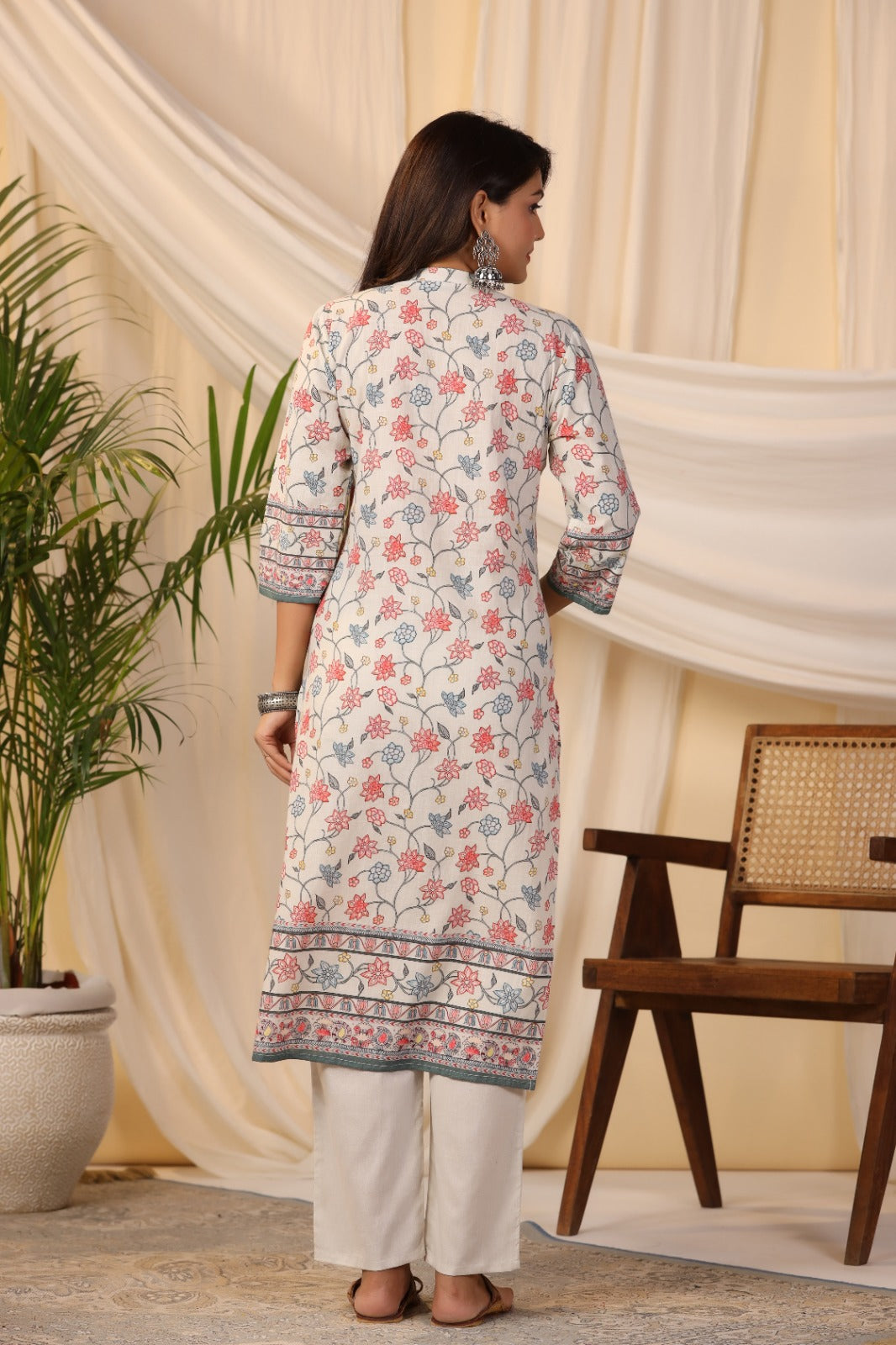 Floral Printed Cotton Kurta With Pants &amp; Dupatta