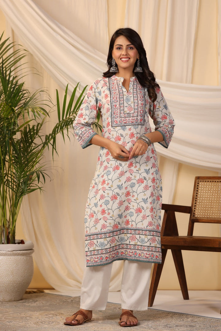 Floral Printed Cotton Kurta With Pants &amp; Dupatta