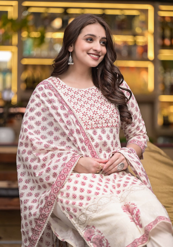 Printed Cotton Kurta With Pants &amp; Dupatta