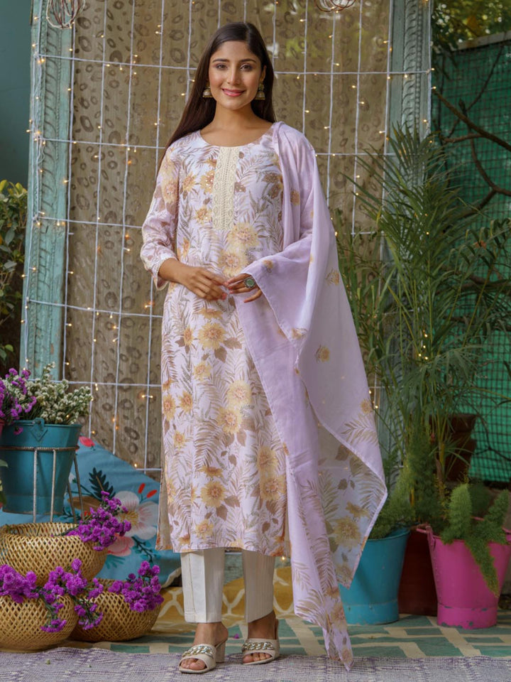 Printed Cotton Kurta With Pants &amp; Dupatta