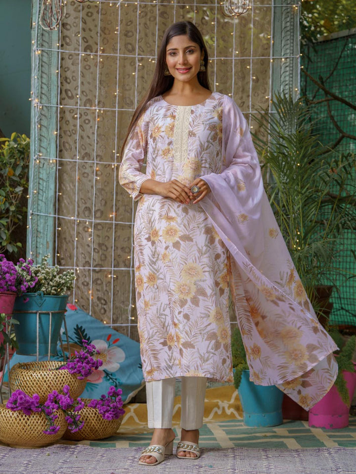 Printed Cotton Kurta With Pants &amp; Dupatta
