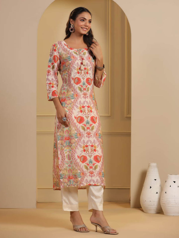Floral Printed Muslin Kurta With Pants