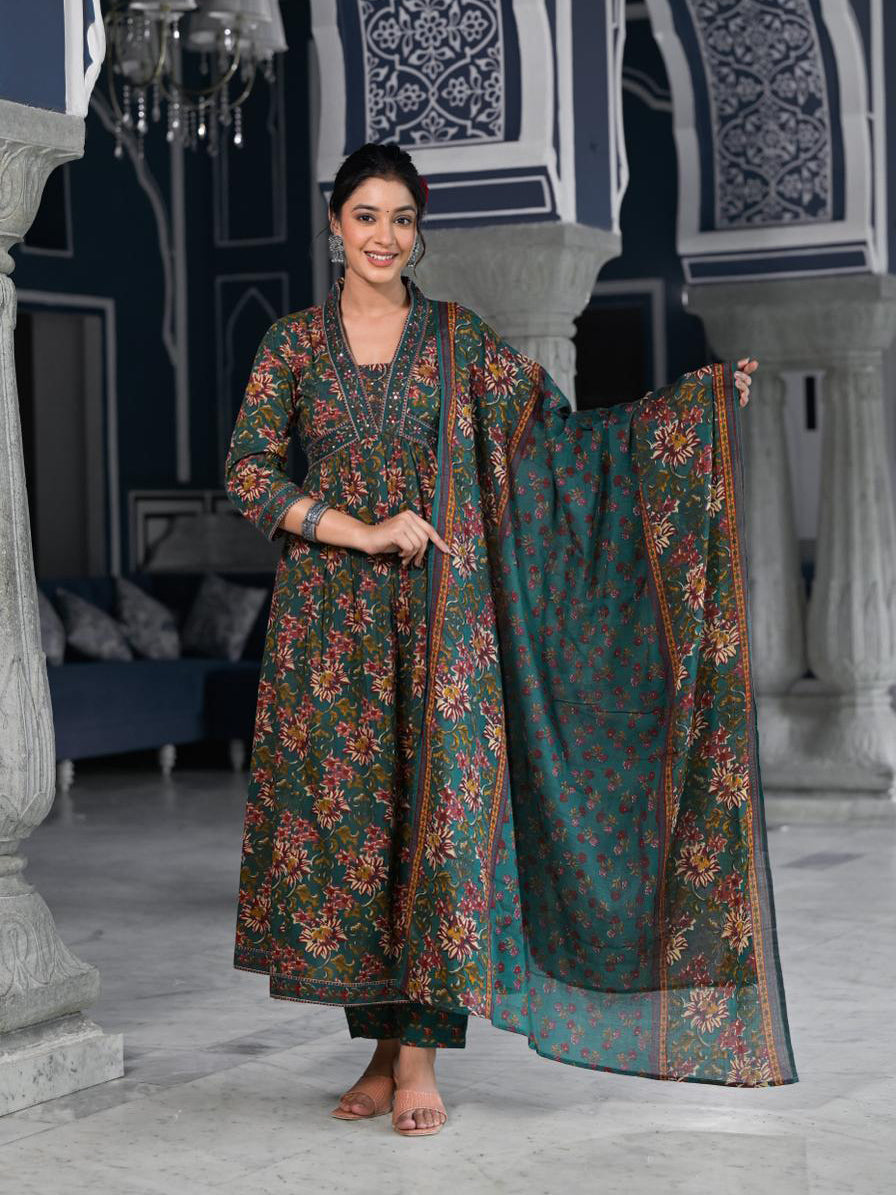 Floral Printed Anarkali Kurta With Pants &amp; Dupatta