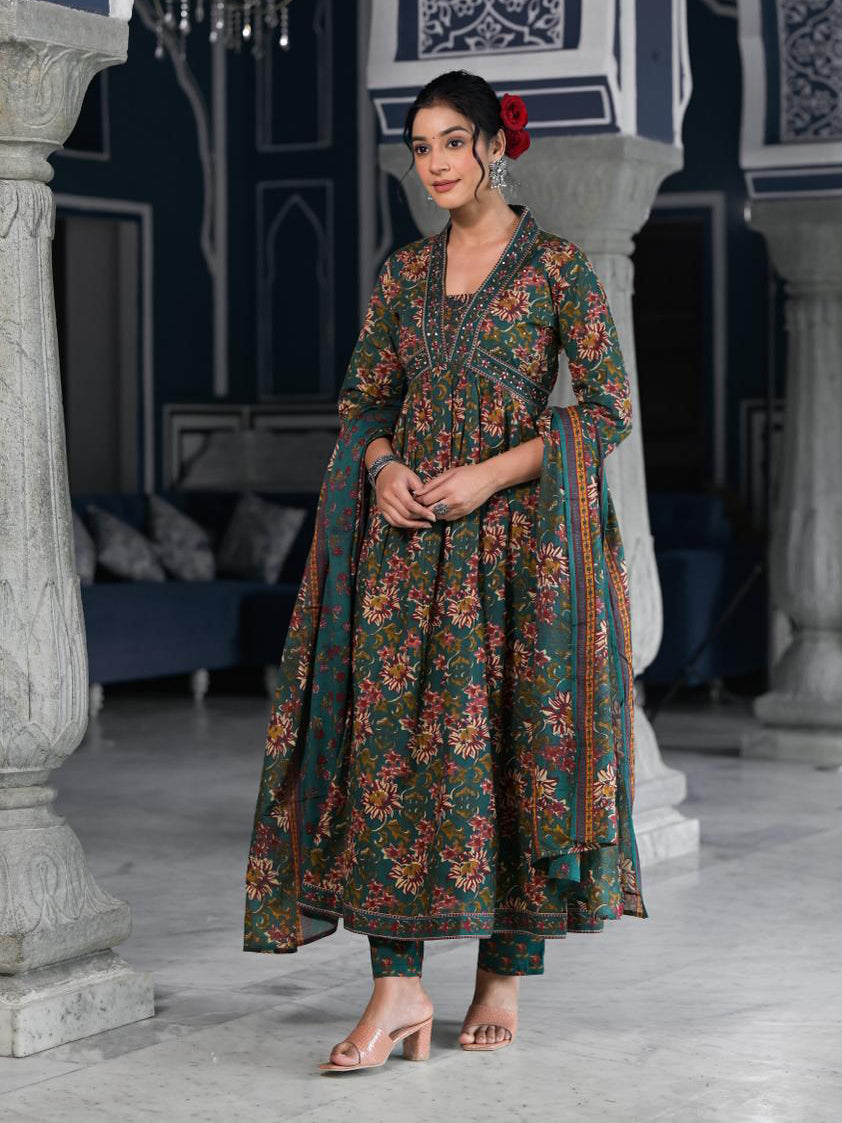 Floral Printed Anarkali Kurta With Pants &amp; Dupatta