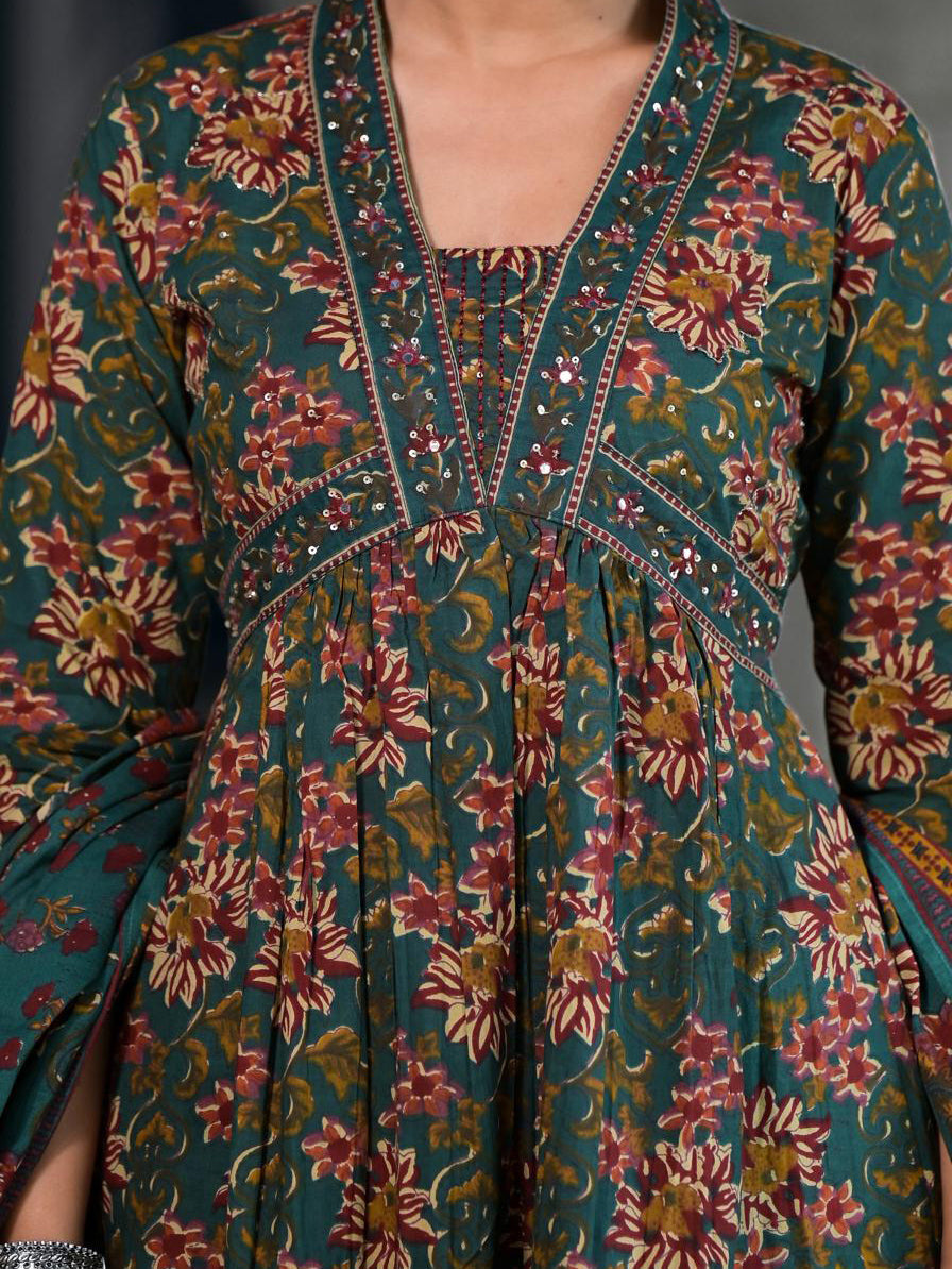 Floral Printed Anarkali Kurta With Pants &amp; Dupatta