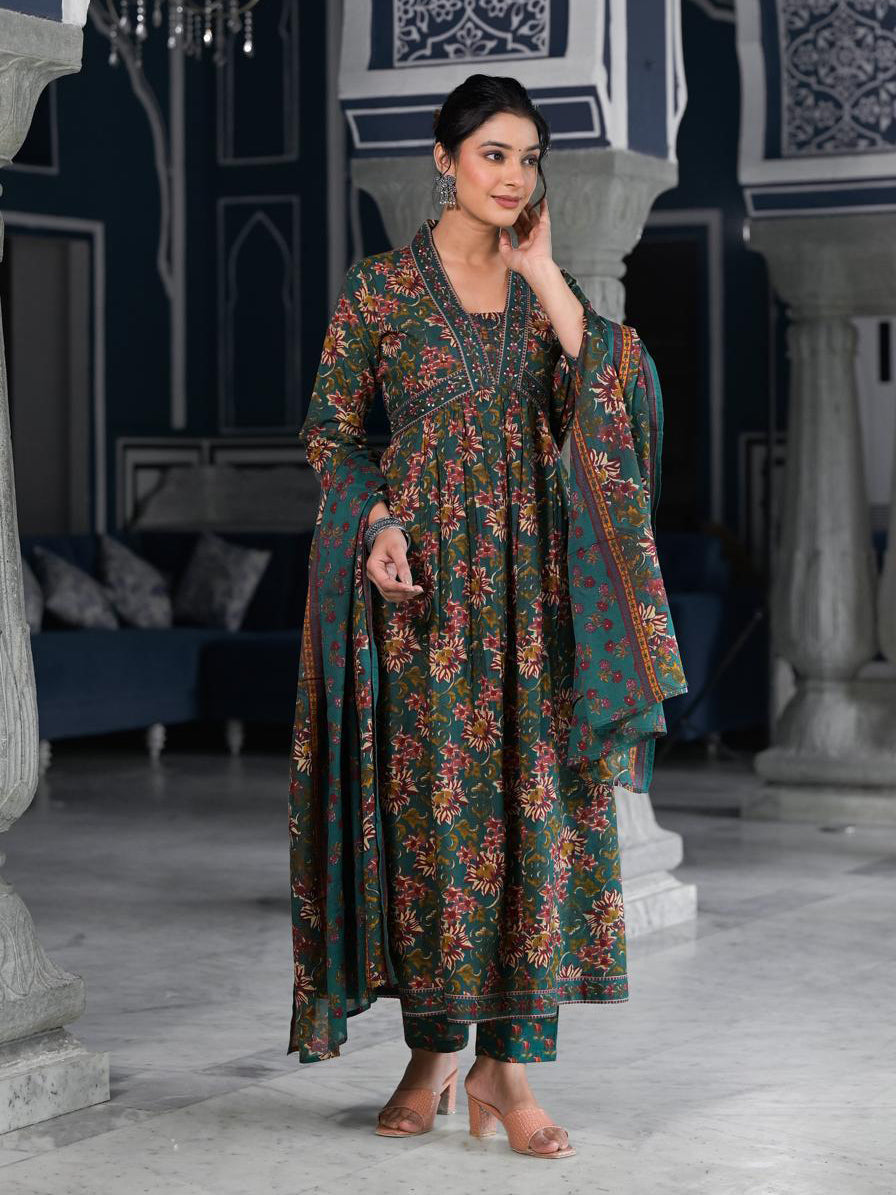 Floral Printed Anarkali Kurta With Pants &amp; Dupatta