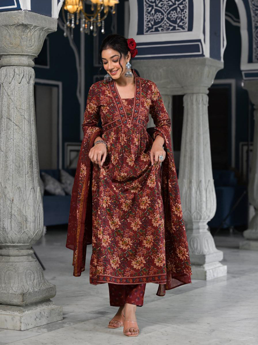 Floral Printed Anarkali Kurta With Pants &amp; Dupatta