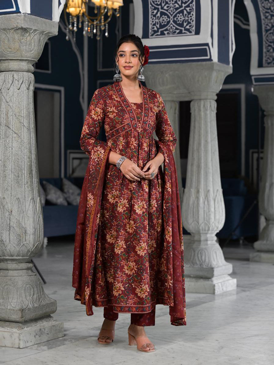 Floral Printed Anarkali Kurta With Pants &amp; Dupatta