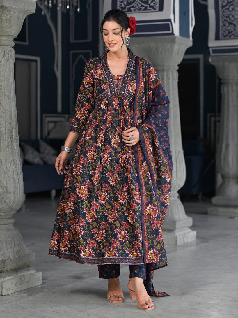 Floral Printed Anarkali Kurta With Pants &amp; Dupatta