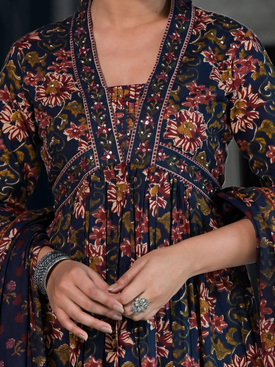 Floral Printed Anarkali Kurta With Pants &amp; Dupatta