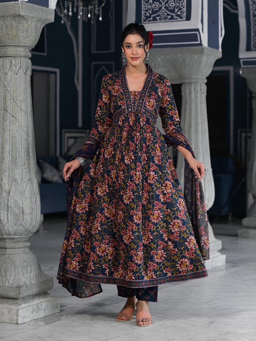 Floral Printed Anarkali Kurta With Pants &amp; Dupatta
