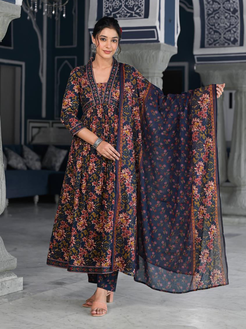 Floral Printed Anarkali Kurta With Pants &amp; Dupatta