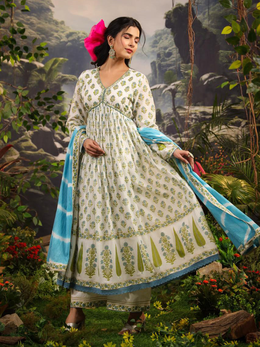 Floral Printed Cotton Kurta With Palazzo &amp; Dupatta